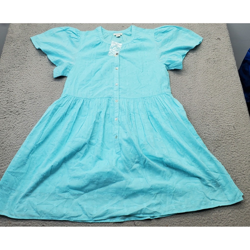 Sundance‎ Fit & Flare Dress Womens Small Blue Puff Sleeve Crew Neck Button Front